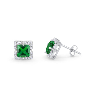 Halo Princess Cut Engagement Bridal Stud Earrings Simulated Green Emerald CZ 925 Sterling Silver